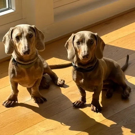 Ruby und Leo sitzen nebeneinander im Sonnenlicht auf dem Holzboden.